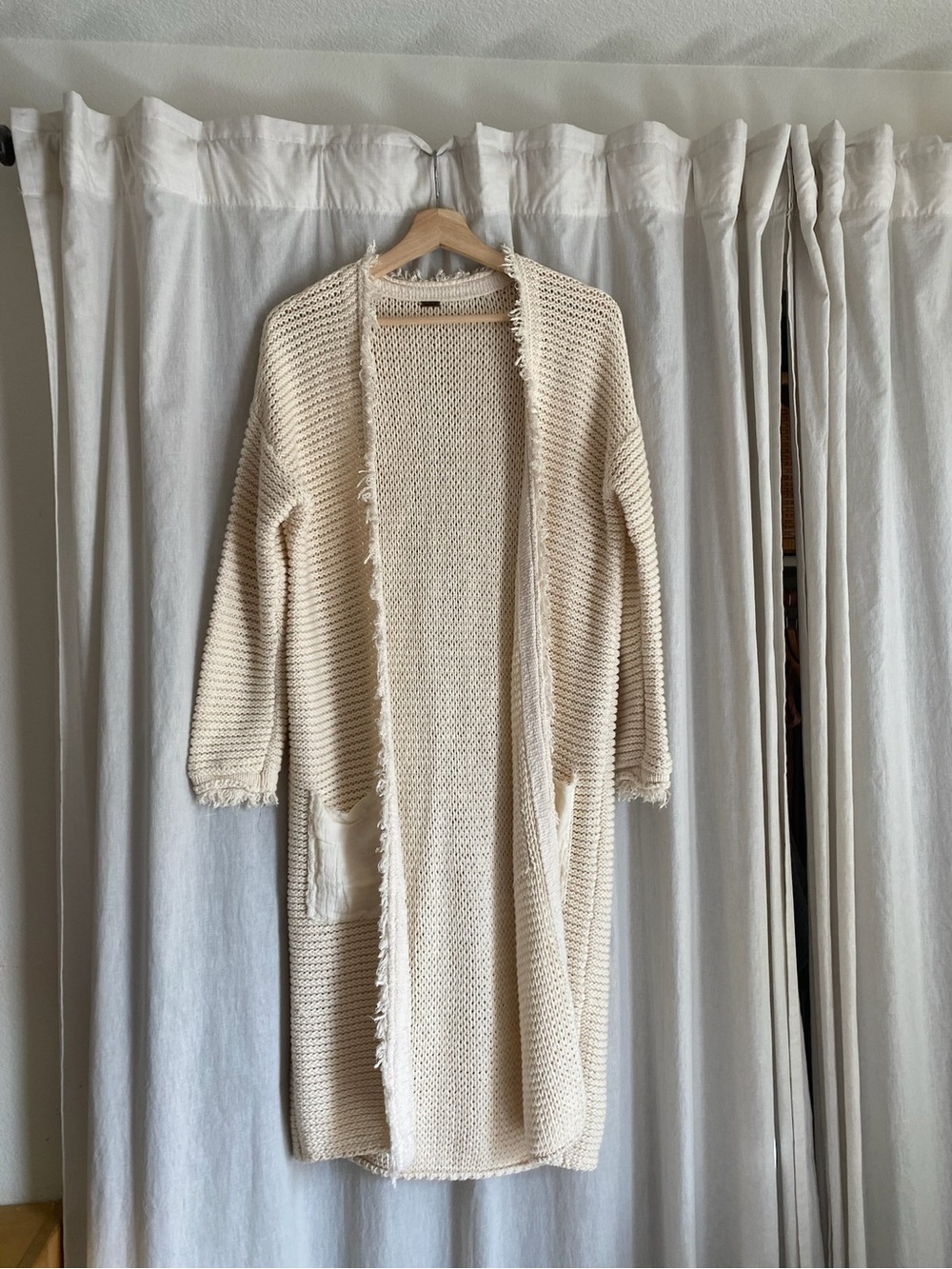 Free People Cream Long Open-Front Knit Cardigan